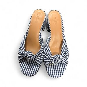 J.Crew Gingham Knotted Block Heel Mules Blue White